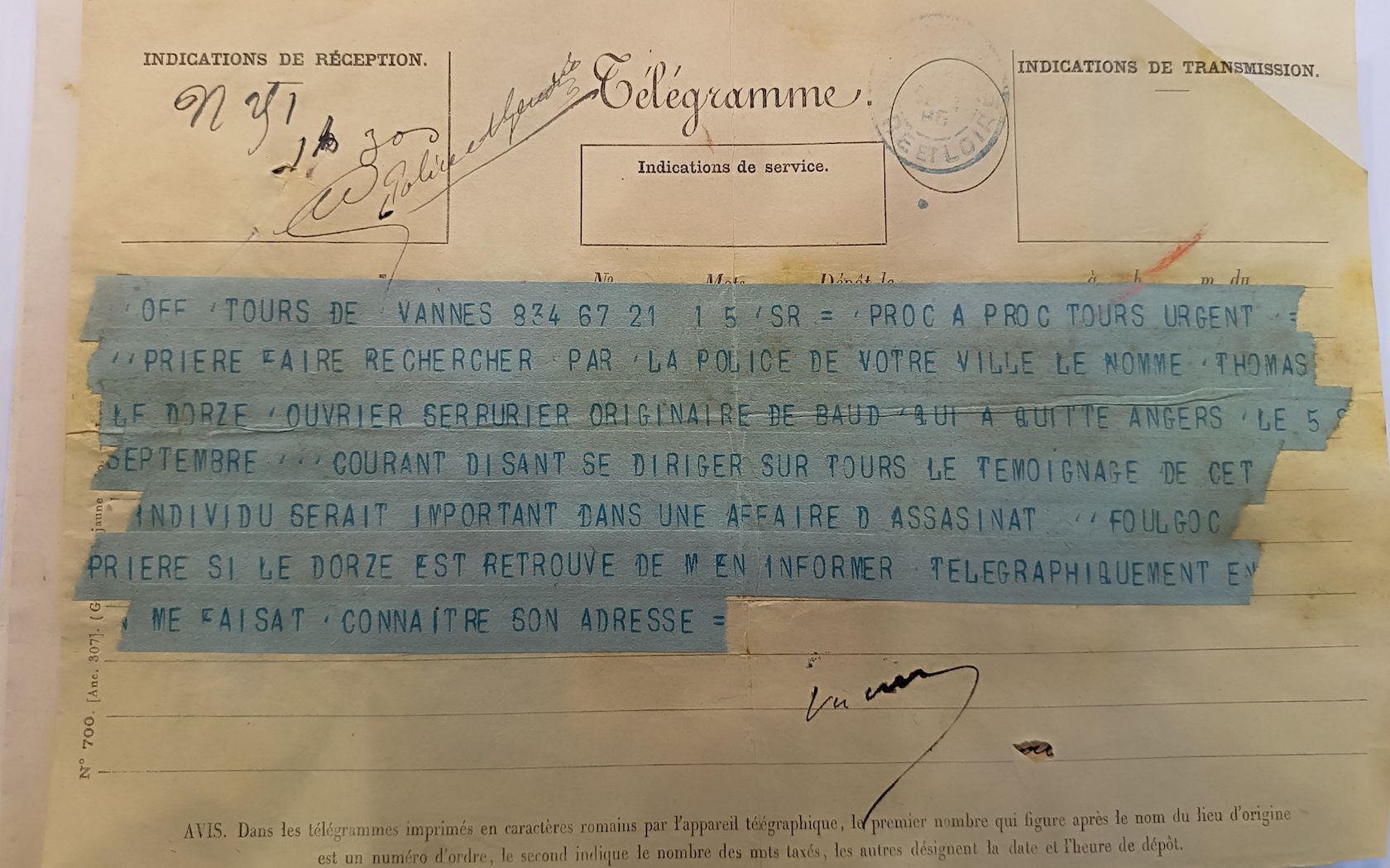Télégramme recherche assassinat